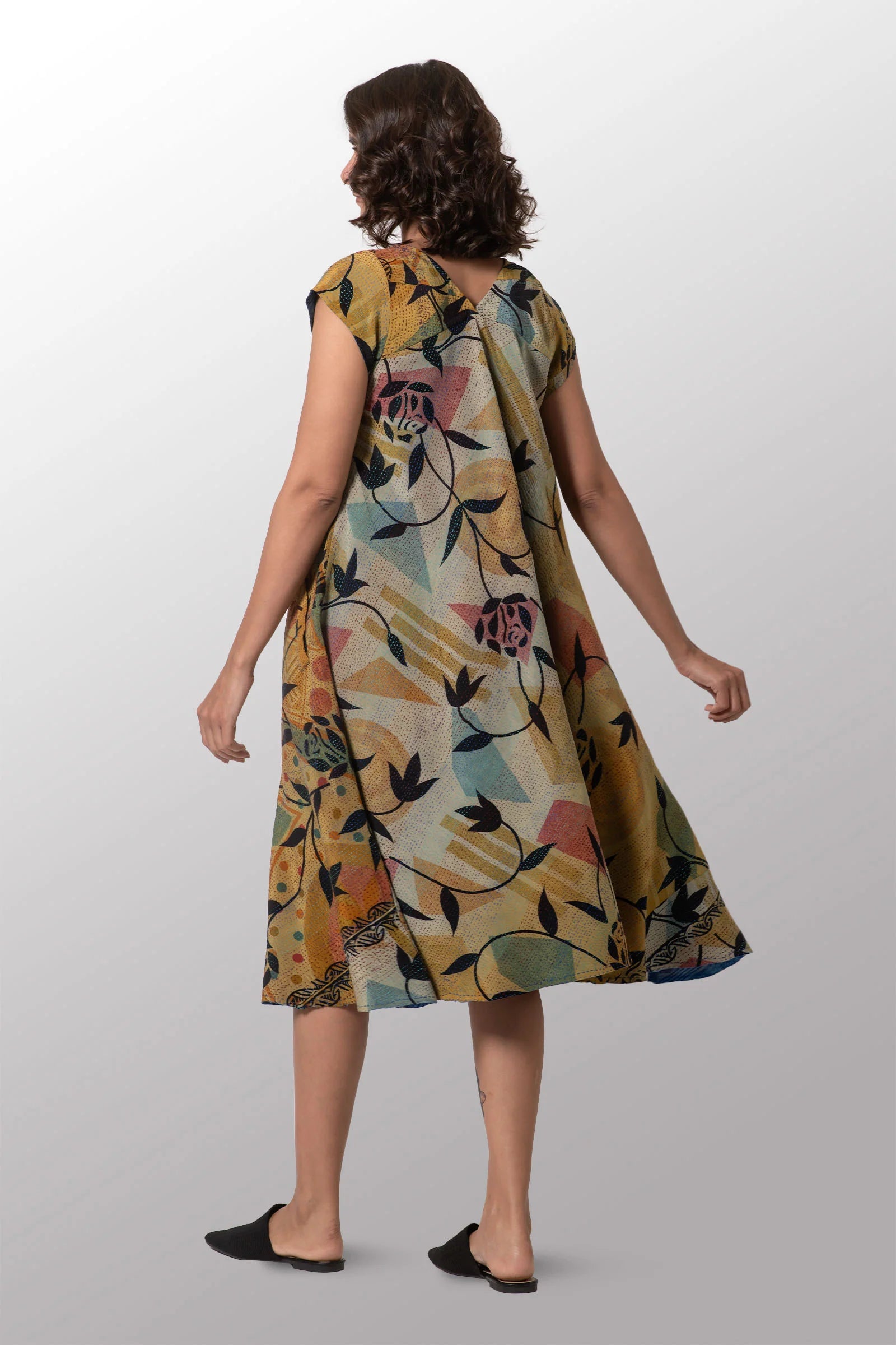 VINTAGE SILK GEORGETTE KANTHA FLARE DRESS