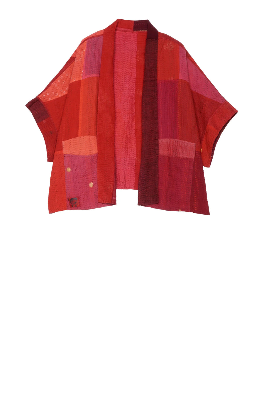 STRIPE AND CHECK COTTON SILK PATCH KANTHA MINI PONCHO