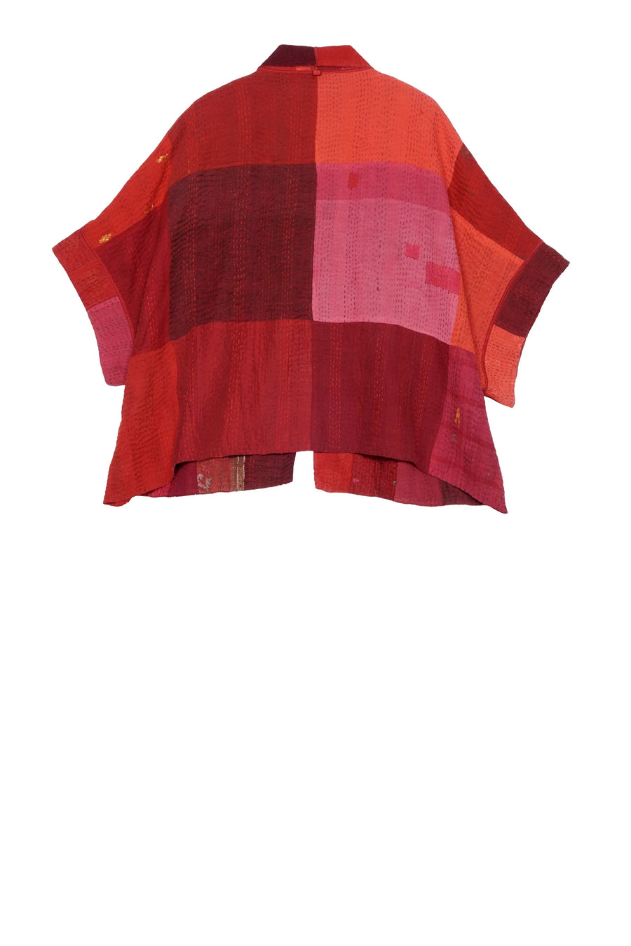 STRIPE AND CHECK COTTON SILK PATCH KANTHA MINI PONCHO