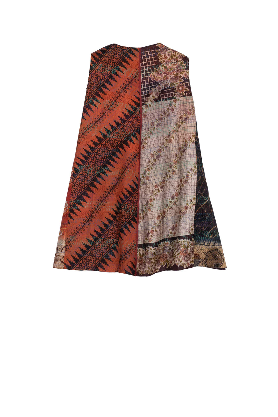 VINTAGE SILK PATCH KANTHA BELL SHAPE LONG VEST