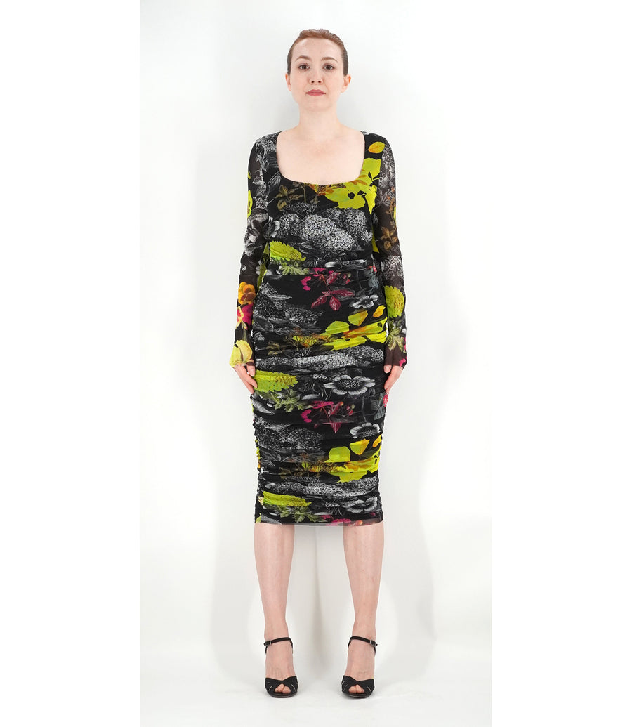 FUZZI DARK FLOWERS RUCHED DRESS