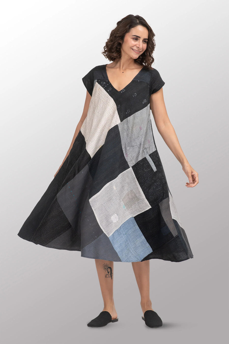 MIEKO MINTZ COTTON SILK PATCH BW OMBRE KANTHA FLARE DRESS