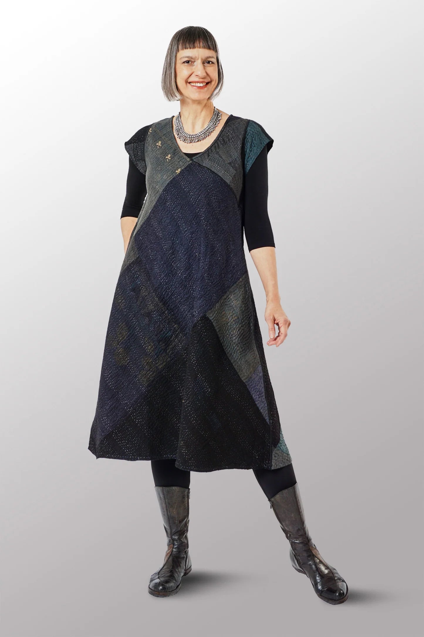 Mieko Mintz JAIPUR PATCH KANTHA CAP SLV. SEMI FLARE DRESS