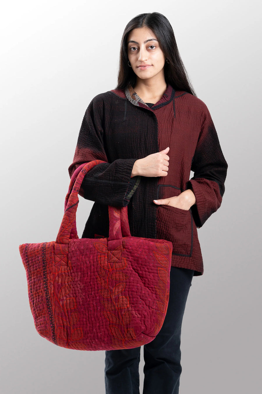 Mieko Mintz QUILTED OVER DYE COTTON KANTHA WIDE TOTE